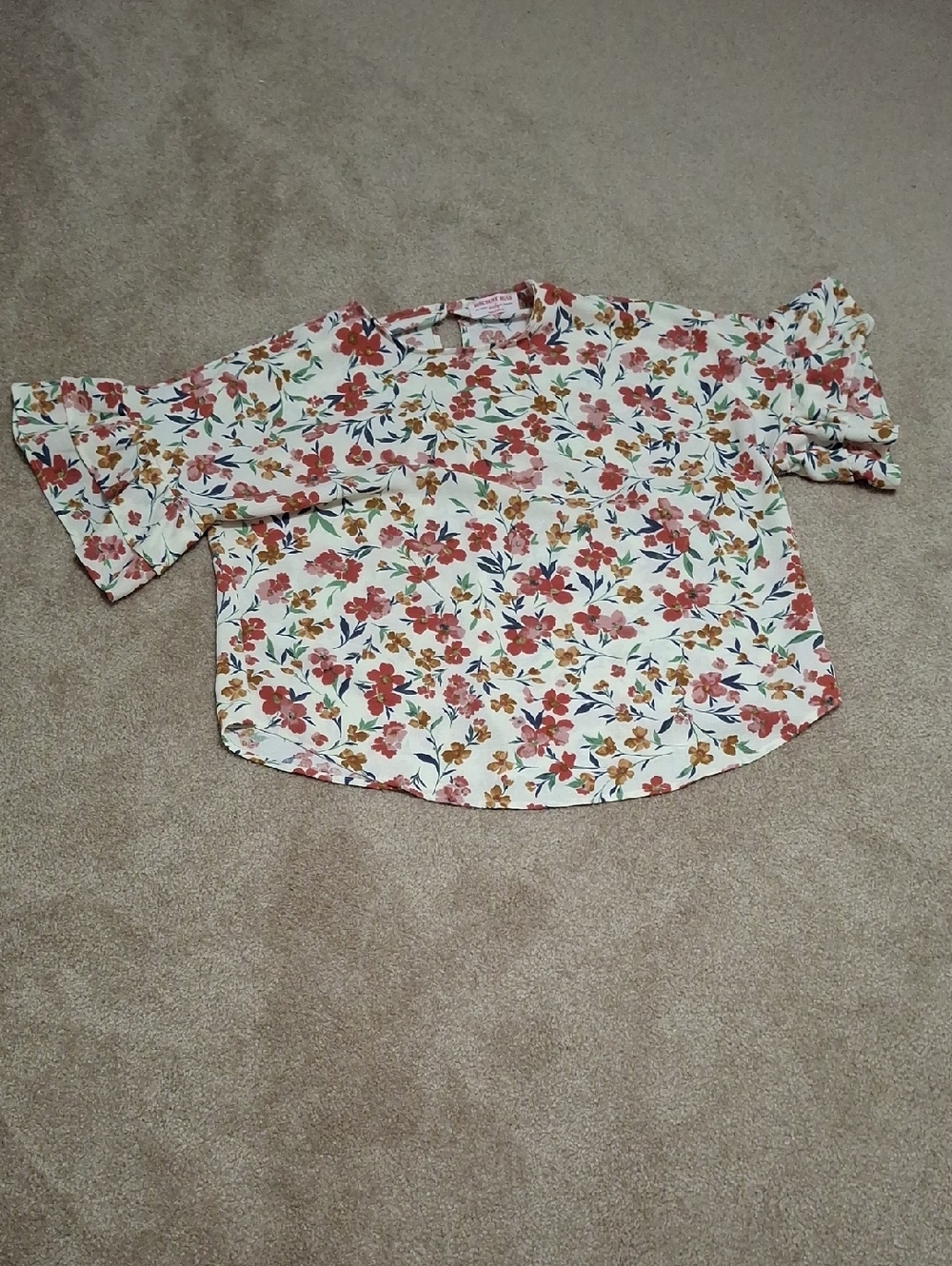 Floral Ruffle Sleeve Top - Cream with Coral & Mustard Flowers